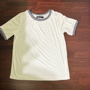White Short Sleeve Tee with Striped Trim
